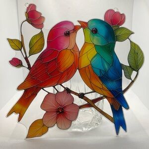Suncatcher Acrylic Love Birds Pink Blue Floral Home Decor Valentines Day Gift